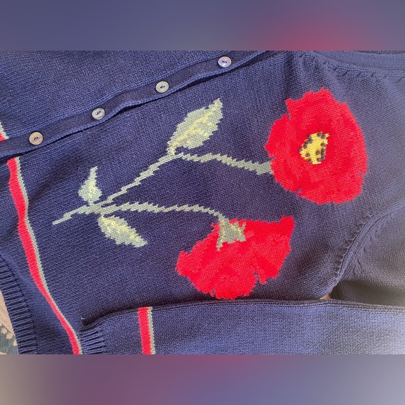 JONES NEW YORK SPORT vintage 90s cardigan navy red poppies floral sz M cottage - Picture 7 of 13